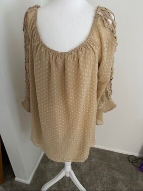 Cato Light Tan Swiss Dot Scoop Neck Blouse with Crochet Sleeves size 18/20W